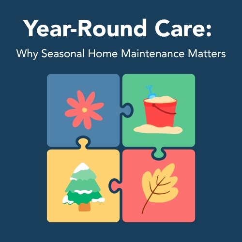 4 seasons with graphics on a puzzle representing each.>